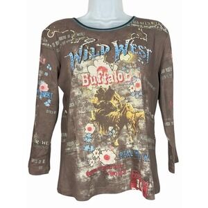 Cactus Wild West Buffalo Bill Western Graphic Top Rhinestone Rodeo Cowgirl Med